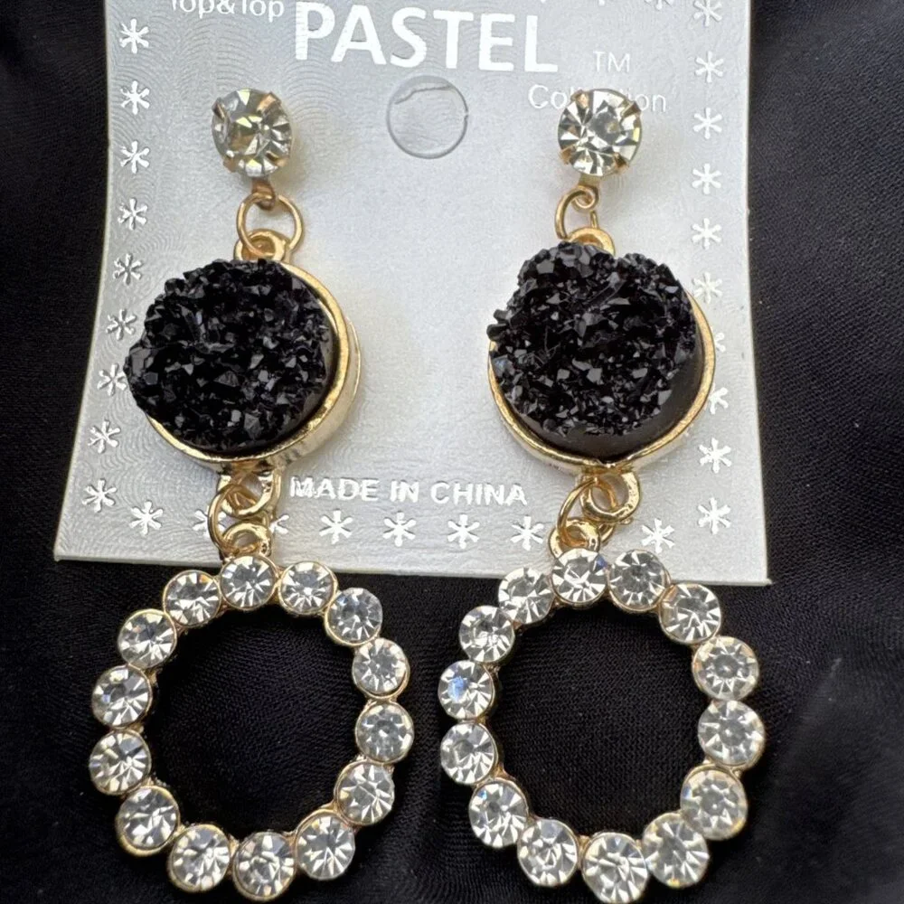 Pastel Faux Black Stone Crystal Gold Rhinestone Earrings Dangle Drop Party NEW